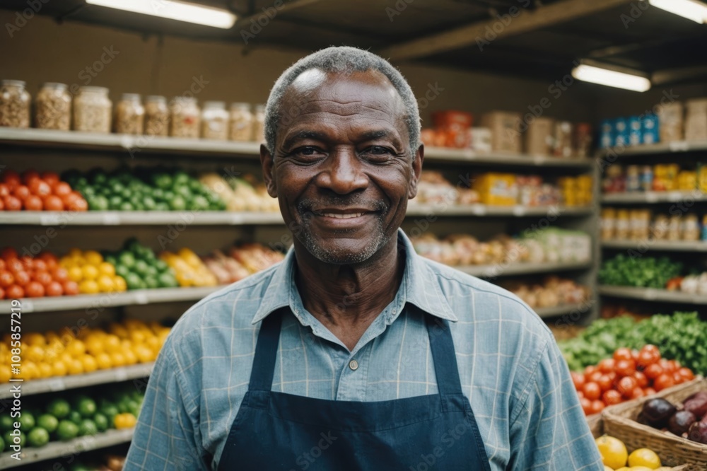 Close portrait of a smiling senior Equatorial Guinean male grocer standing and looking at the camera, Equatorial Guinean grocery store blurred background Close portrait of a smiling senior Equatorial Guinean male grocer standing and looking at the camera, Equatorial Guinean grocery store blurred background