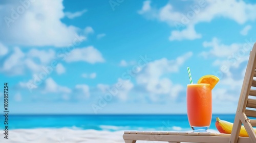 Refreshing tropical drink on a beach chair by the ocean.