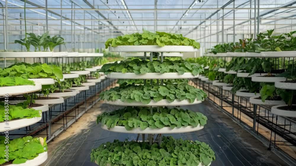 Vertical hydroponic system with multiple layers of leafy greens in a greenhouse. Vertical hydroponic system with multiple layers of leafy greens in a greenhouse.