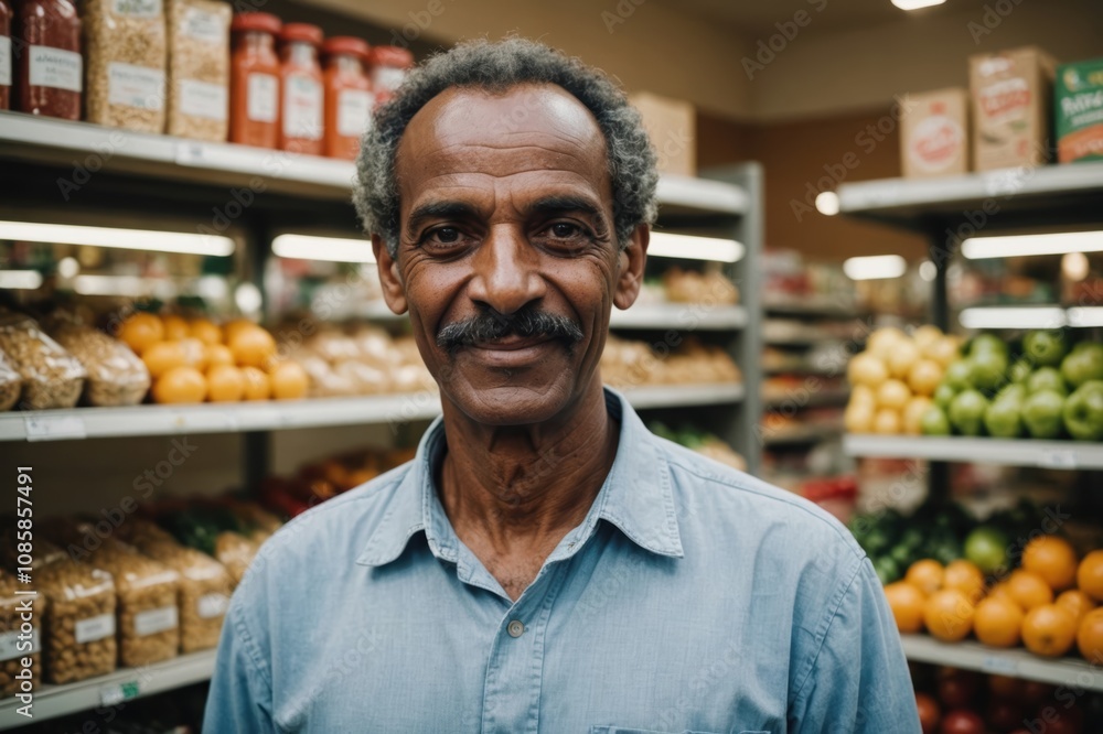 Close portrait of a smiling senior Eritrean male grocer standing and looking at the camera, Eritrean grocery store blurred background Close portrait of a smiling senior Eritrean male grocer standing and looking at the camera, Eritrean grocery store blurred background