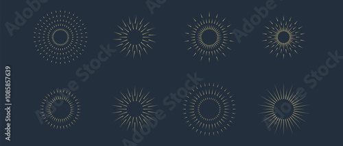 Fireworks. Vintage sunburst collection. Bursting golden sun rays. Vintage sunburst set. Bursting rays sunrise firework starburst blast, Radiant Spark. Logotype or lettering design element. Vector