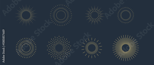 Fireworks. Vintage sunburst collection. Bursting golden sun rays. Vintage sunburst set. Bursting rays sunrise firework starburst blast, Radiant Spark. Logotype or lettering design element. Vector