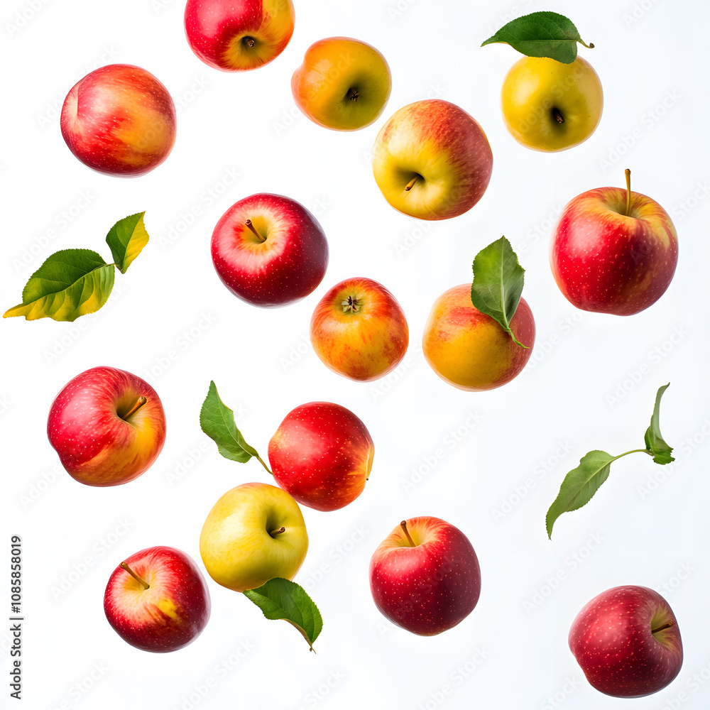 flying apples on white empty background flying apples on white empty background