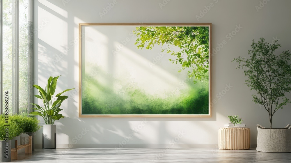 Vertical artwork template mockup of wood picture frame on white wall in modern interior. Mockup for artwork, painting, photo or poster in interior design with greenery Vertical artwork template mockup of wood picture frame on white wall in modern interior. Mockup for artwork, painting, photo or poster in interior design with greenery