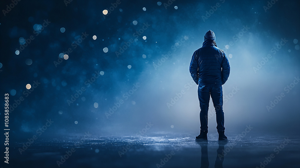 A person stands alone in the rain under a dark blue sky with soft glowing lights during a nighttime scene A person stands alone in the rain under a dark blue sky with soft glowing lights during a nighttime scene