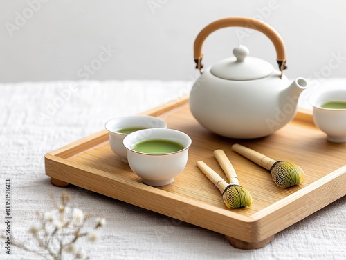 Ceramic teapot with matcha and cups on tray. photo