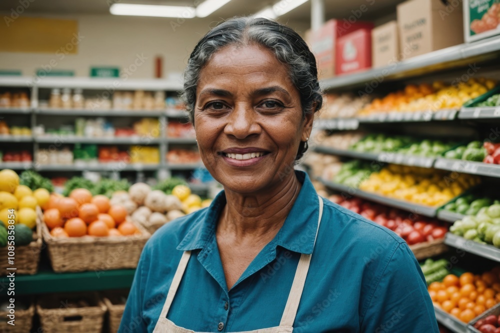 Close portrait of a smiling senior Fijian female grocer standing and looking at the camera, Fijian grocery store blurred background Close portrait of a smiling senior Fijian female grocer standing and looking at the camera, Fijian grocery store blurred background