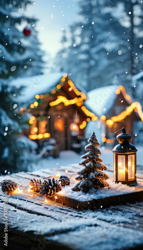 Christmas winter wonderland with frozen Xmas decorated wooden table for product display, snowy christmas village background with cozy lights, christmas spirit, ad, podium platform, product present
