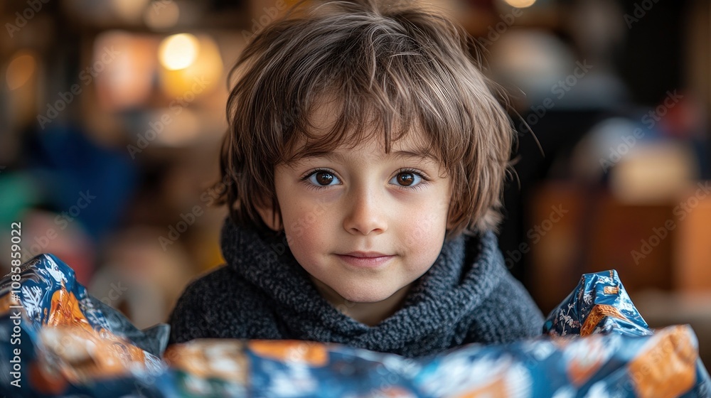 Child helping wrap present, concentrating face as they attempt to fold corners neatly Child helping wrap present, concentrating face as they attempt to fold corners neatly