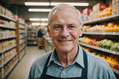 Close portrait of a smiling senior Finnish male grocer standing and looking at the camera, Finnish grocery store blurred background