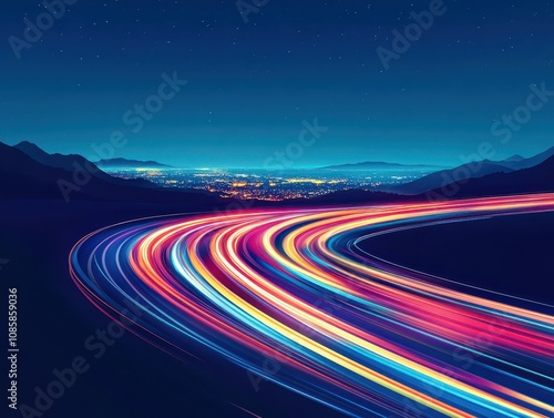 Colorful light trails on a winding road at night.