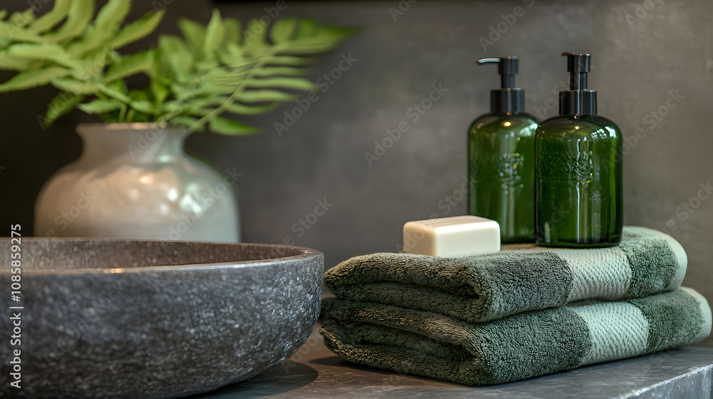 green leafs in a small glass vase, a hand soap and hand cream in a green glass bottle, stone sink with folded linen towels on green leafs in a small glass vase, a hand soap and hand cream in a green glass bottle, stone sink with folded linen towels on