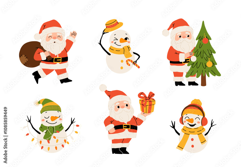 Set of Christmas illustrations on white background. Santa Claus with Christmas tree, snowman and gifts. Suitable for design of cards, banners, stickers, etc Set of Christmas illustrations on white background. Santa Claus with Christmas tree, snowman and gifts. Suitable for design of cards, banners, stickers, etc
