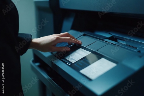 Professional in business attire making copies at office printer in a sophisticated work environment