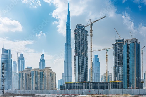 A city skyline during the construction of a new skyscraper ,Commercial photohraph, Capture a real photography scene of KLCC Tower during the morning, viewed from a distance. photo