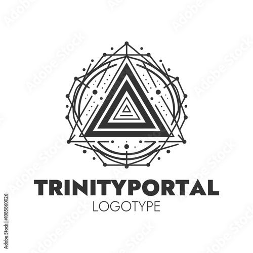 A mystical triangular portal design combining sacred geometry with modern minimalism, featuring concentric triangles and interconnected celestial patterns