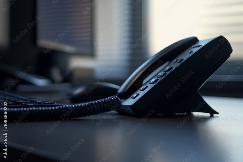 Side view of a business phone on an office desk, ideal for professional communication with guests Side view of a business phone on an office desk, ideal for professional communication with guests