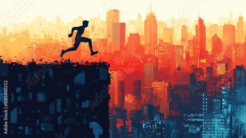 Silhouette of a Runner Leaping Over a Cityscape