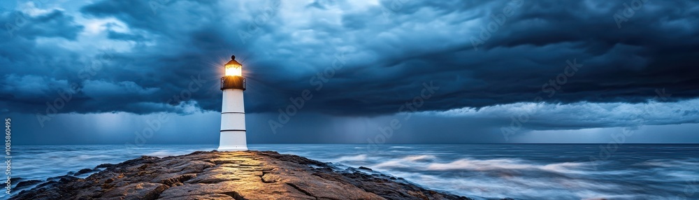 A lighthouse stands amid stormy ocean waves. A lighthouse stands amid stormy ocean waves.
