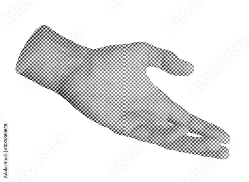 Hand gesture with outstretched palm reaching out, isolated in retro halftone dot style. Symbolizing interaction with invisible or virtual space, this nostalgic 1990s inspired