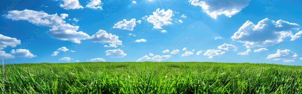 Green Grass Field Under a Sunny Sky with White Clouds Green Grass Field Under a Sunny Sky with White Clouds
