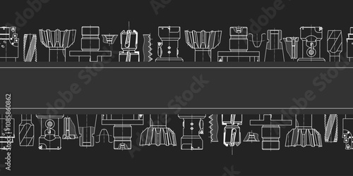 Mechanical engineering drawings on black background. Tap tools, borer. Technical Design. Cover. Blueprint. Seamless pattern. Vector illustration.
