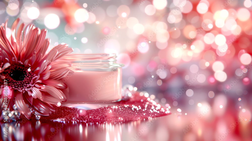 A jar of pink lotion is on a table next to a pink flower. The flower is a daisy and the jar is clear. The image has a soft, romantic feel to it A jar of pink lotion is on a table next to a pink flower. The flower is a daisy and the jar is clear. The image has a soft, romantic feel to it