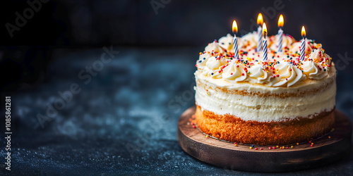 Gâteau d'anniversaire joliment décoré avec des bougies sur fond noir photo