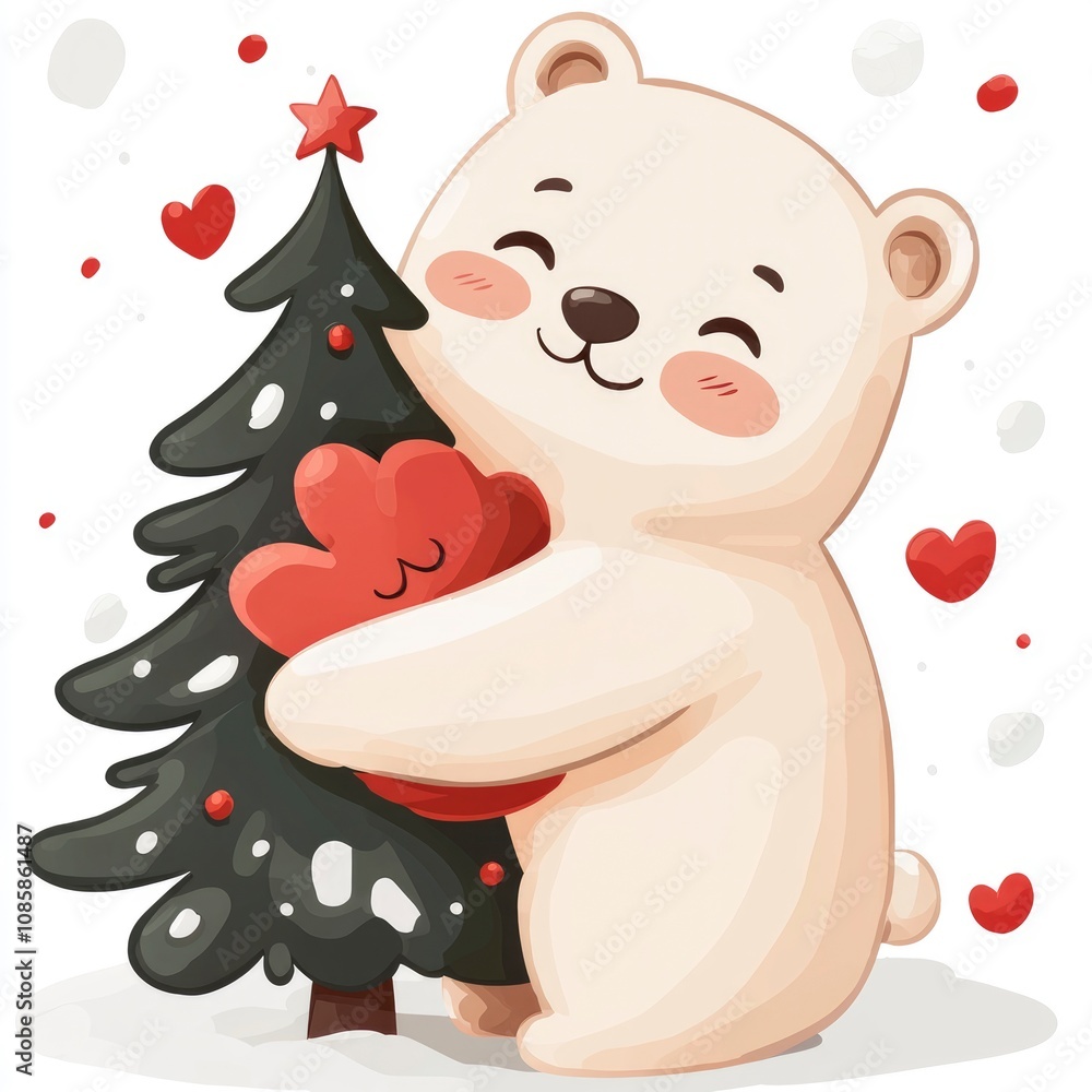 Adorable Polar Bear Hugging Christmas Tree - Festive Winter Illustration Adorable Polar Bear Hugging Christmas Tree - Festive Winter Illustration