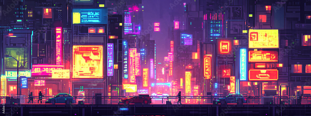 Naklejka premium A pixel art illustration depicts a futuristic city at night