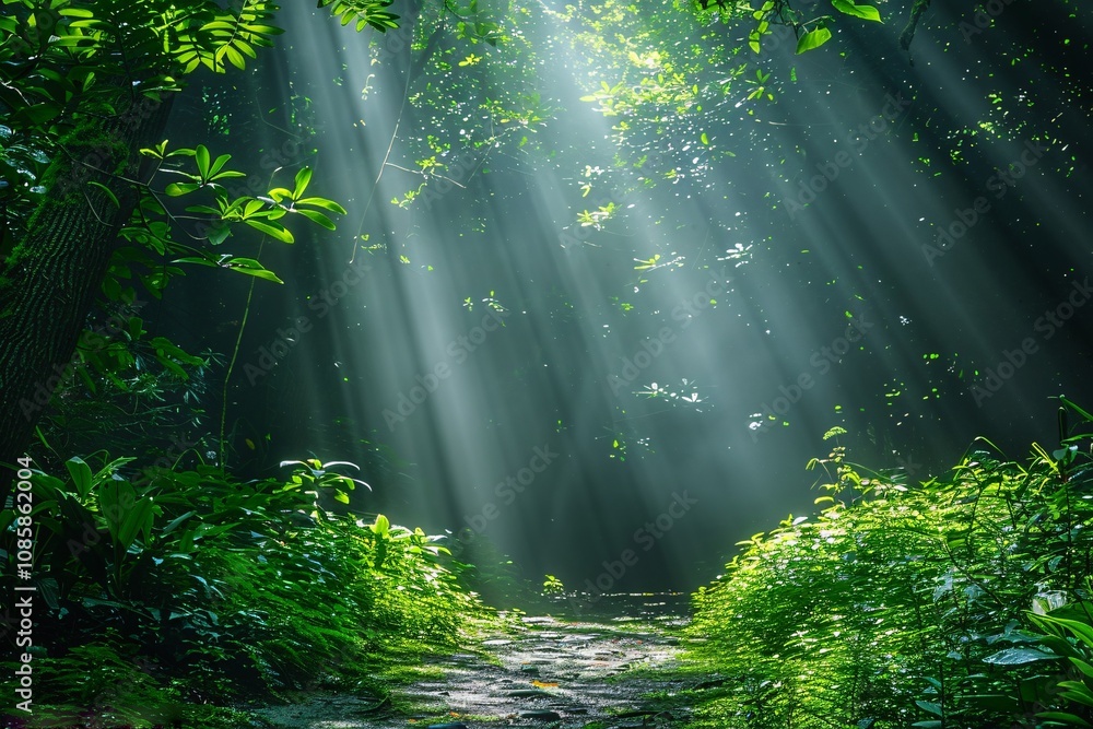 Obraz premium Gentle rays of sunlight stream through a dense forest canopy, casting light on a tranquil path. Lush greenery surrounds the way, creating a peaceful atmosphere in the early morning