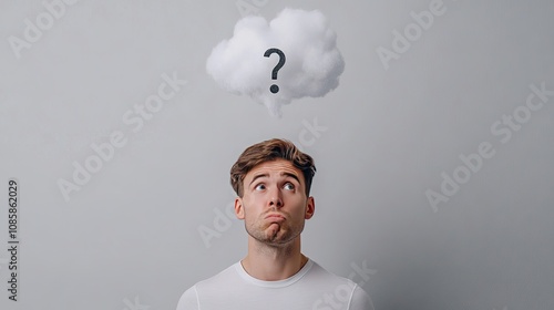 A man contemplates life with question marks in a thought bubble against a minimalist gray backdrop in this hyper-realistic portrait photo