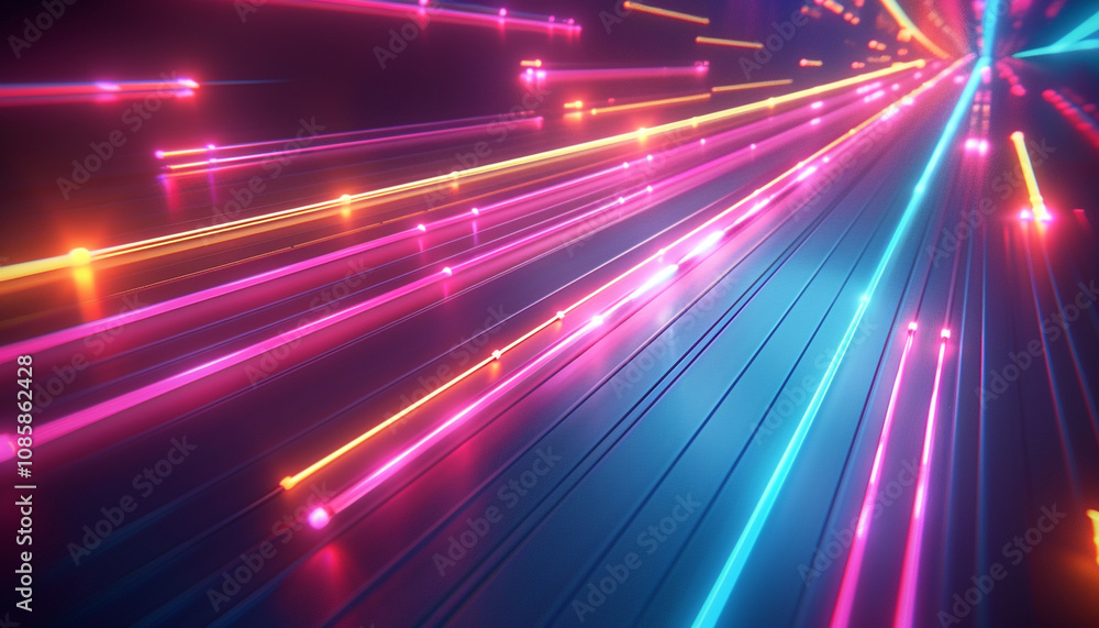 Colorful glowing neon lines in a sleek, modern design, isolated on a dark blue background, showcasing a high-tech ambiance for a dynamic night party or game environment. Colorful glowing neon lines in a sleek, modern design, isolated on a dark blue background, showcasing a high-tech ambiance for a dynamic night party or game environment.