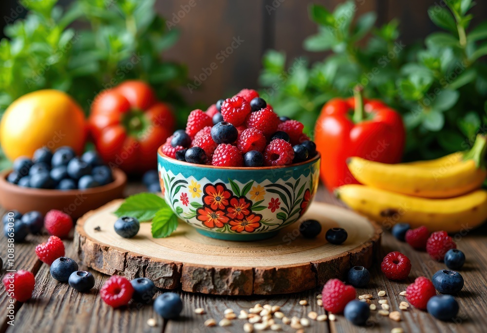 Colorful berry bowl with raspberries and blueberries on a wooden slice surrounded by fruits and greenery copy space Colorful berry bowl with raspberries and blueberries on a wooden slice surrounded by fruits and greenery copy space