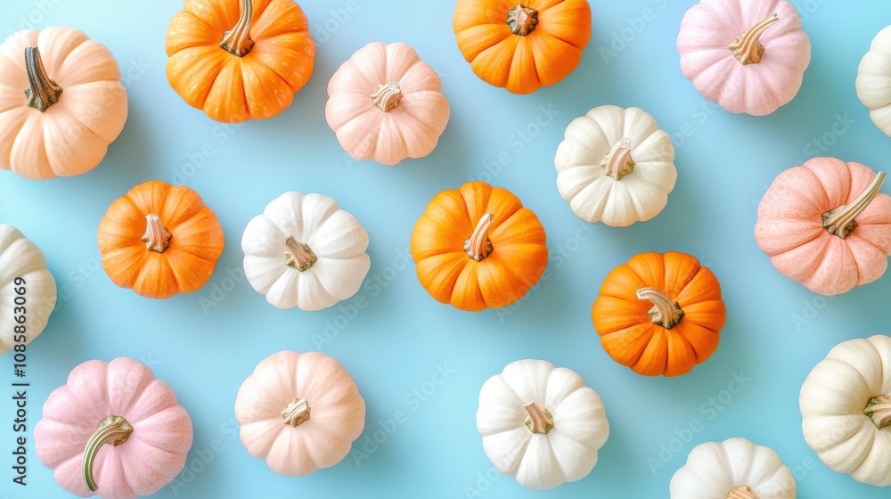 Colorful Pumpkins Arranged in a Pattern on a Blue Background Colorful Pumpkins Arranged in a Pattern on a Blue Background