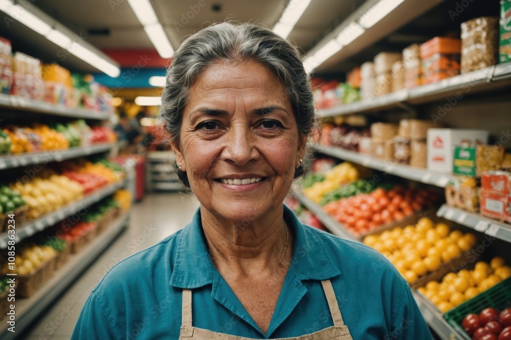 Close portrait of a smiling senior Honduran female grocer standing and looking at the camera, Honduran grocery store blurred background Close portrait of a smiling senior Honduran female grocer standing and looking at the camera, Honduran grocery store blurred background