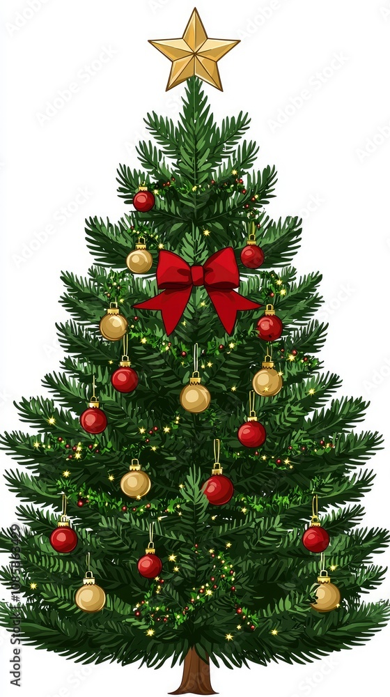 Decorated Christmas Tree with Gold Star and Red Bow Decorated Christmas Tree with Gold Star and Red Bow