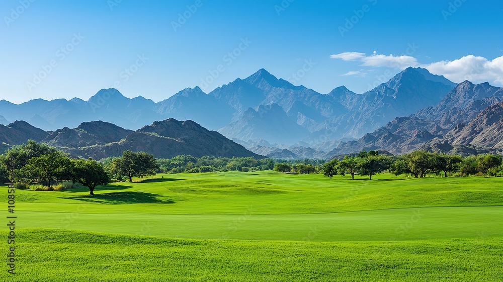 Obraz premium Golfing adventure in hatta mountains stunning views of nature and landscape outdoor recreation experience