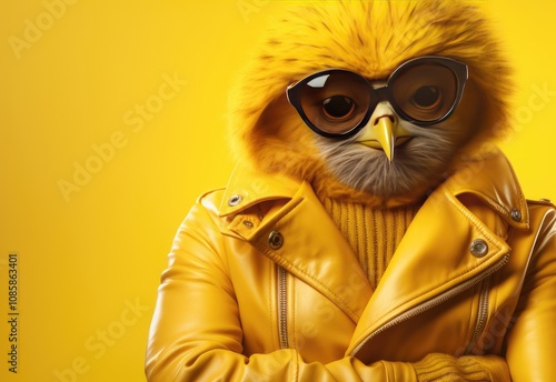 Owl. Bird with glasses. Close-up portrait of an owl. Anthopomorphic creature. A fictional character for advertising and marketing. Humorous character for graphic design. photo