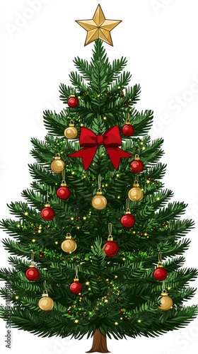 Decorated Christmas Tree with Gold Star and Red Bow