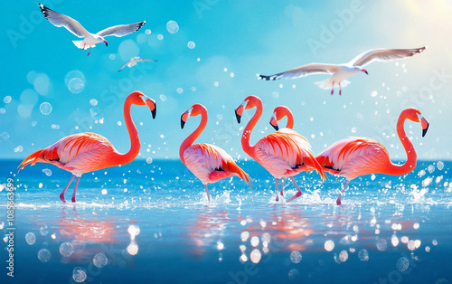 Pink flamingos stand in the shallows of a bright blue ocean, creating splashes as they move photo