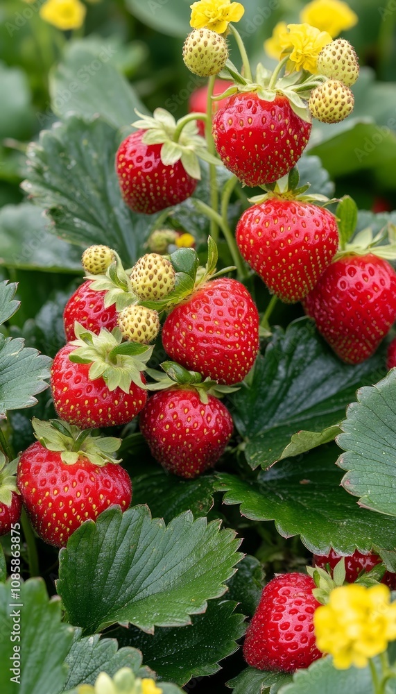 Vibrant fresh strawberries surrounded by lush greenery and bright yellow flowers in clusters Vibrant fresh strawberries surrounded by lush greenery and bright yellow flowers in clusters