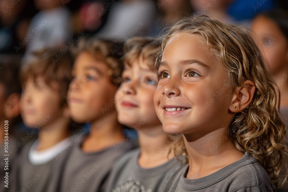 Obraz premium A group of young children sits in a theater, captivated by a performance. They smile widely, showing their delight and engagement. The atmosphere is lively and vibrant, with clear expressions of joy