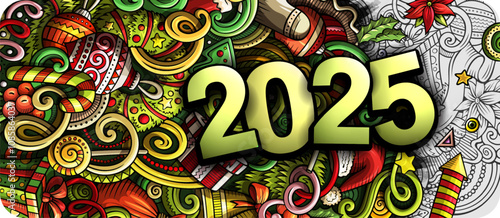2025 doodles horizontal illustration. New Year objects and elements banner design. Creative cartoon winter holidays background. Colorful vector mural