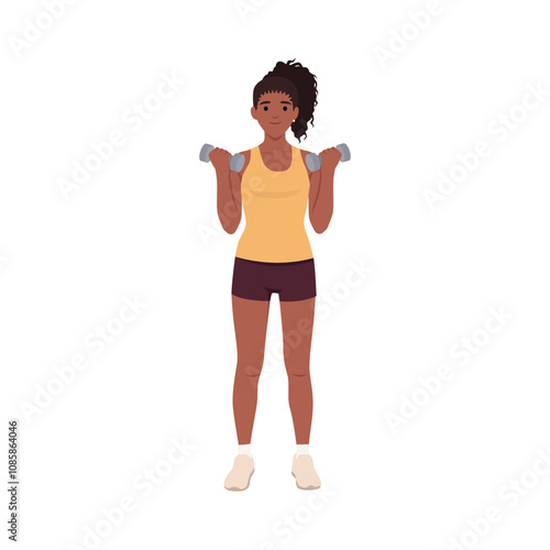 Young Fitness Woman with the dumbbell curl in left and right arm. Flat vector illustration isolated on white background