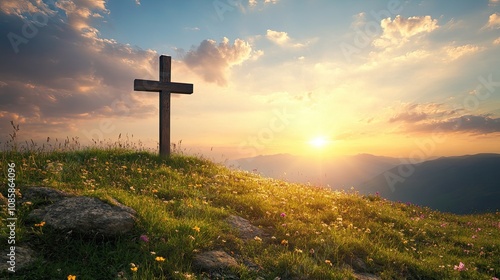 A wooden Christian cross is placed on top of a mountain or hill. A place of worship and remembrance. A sacred place surrounded by nature. Illustration for cover, card, postcard, interior design, etc.
