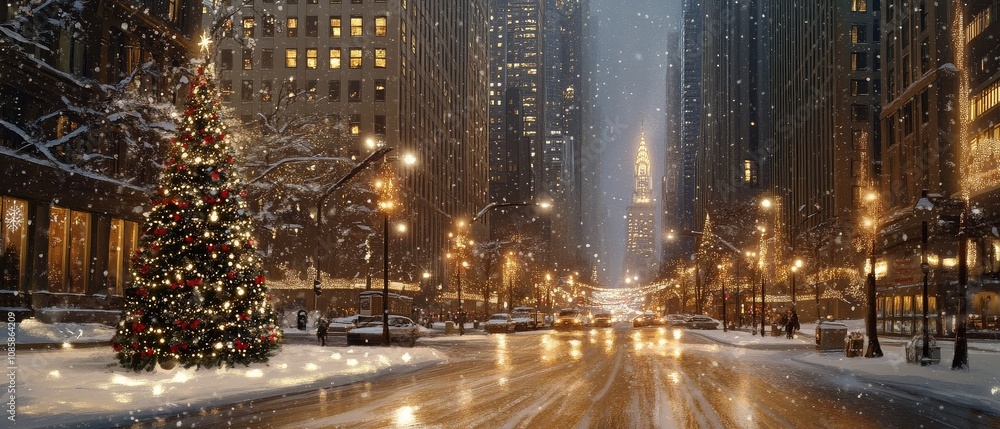 A Christmas tree is in the middle of a city street A Christmas tree is in the middle of a city street