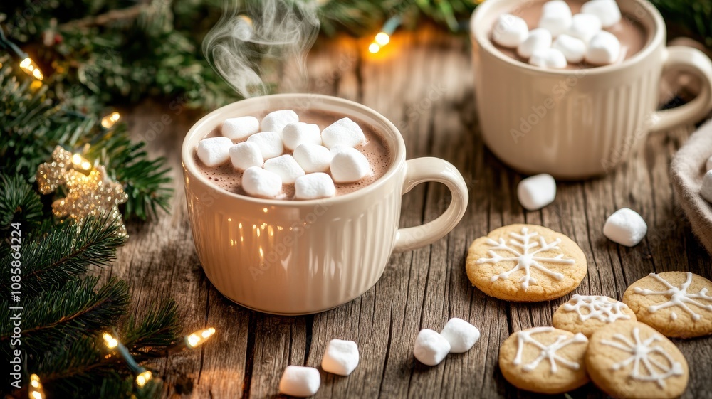 Cozy hot chocolate with marshmallows and cookies. Cozy hot chocolate with marshmallows and cookies.