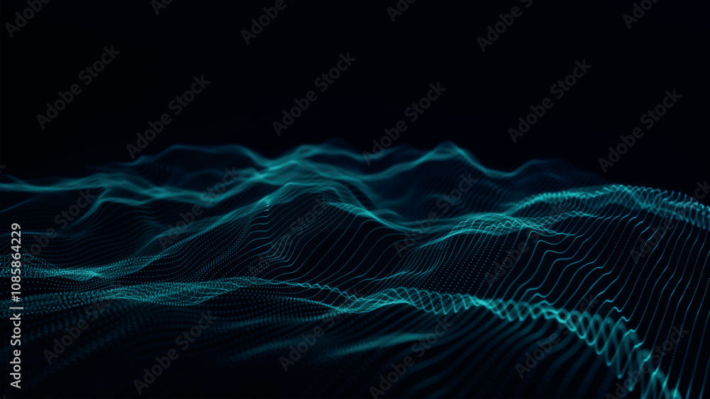 Futuristic point wave of particles. Visualization of sound waves. Dark background. Technology or science banner. Abstract digital 3D wave. Vector illustration. Futuristic point wave of particles. Visualization of sound waves. Dark background. Technology or science banner. Abstract digital 3D wave. Vector illustration.