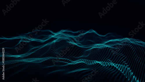 Futuristic point wave of particles. Visualization of sound waves. Dark background. Technology or science banner. Abstract digital 3D wave. Vector illustration.